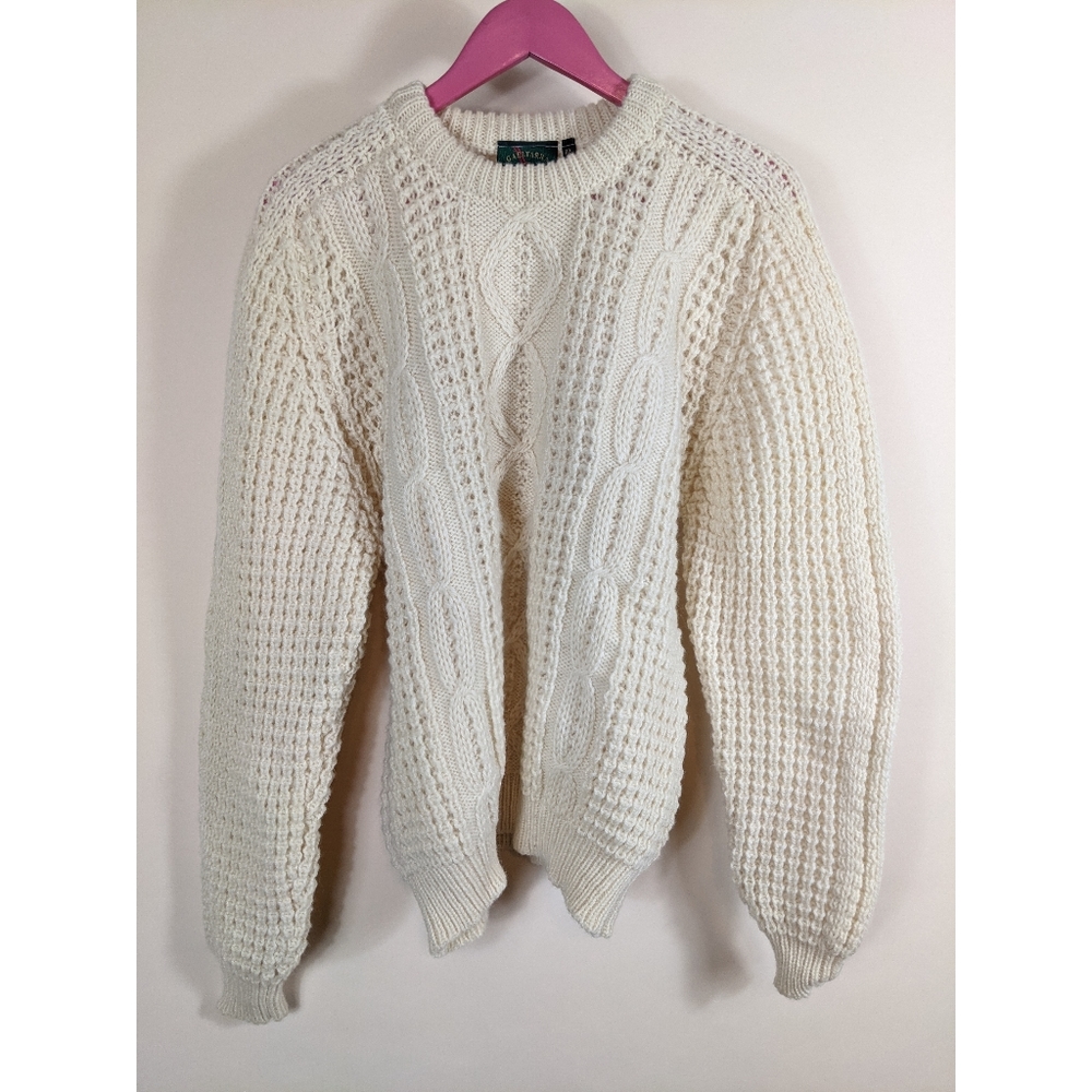 Gaeltarra Irish Wool Cable Knit Fisherman Crewneck Sweater Cream Size 44"